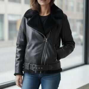 The Drop Cavalla Vegan Leather Fur Lined Moto Jacket Women's Size L NWT